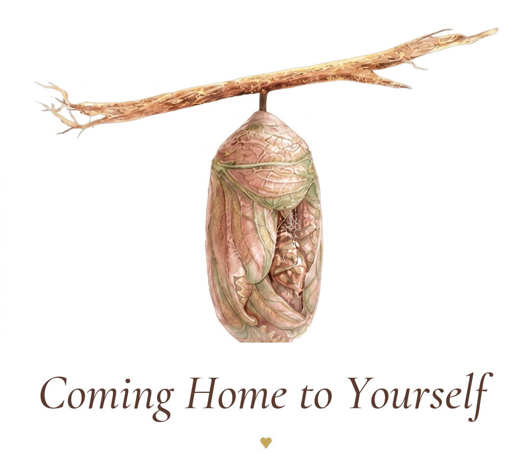 Pillar II: Coming Home to Yourself — a golden chrysalis hanging from a branch, symbolizing the inward return phase of transformation