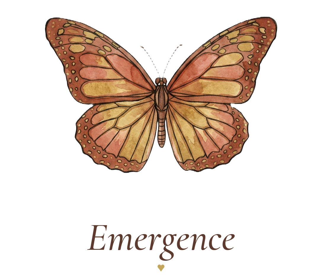 Pillar III: Emergence — a warm terracotta and gold butterfly, symbolizing embodied becoming